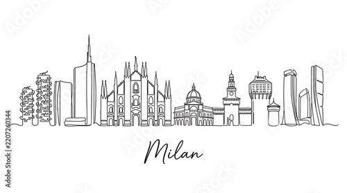 Stylized skyline sketch of Milan featuring iconic architecture and cityscape elements in minimalist line art style emphasizing