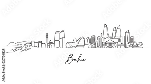 Minimalist digital line art illustration of Baku's skyline featuring iconic modern and historic architectural landmarks