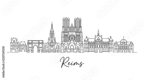 Elegant minimalist line art illustration of Reims cityscape highlighting historic architecture and unique city skyline in a