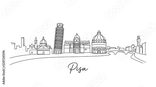 Elegant minimalist line drawing showcasing Pisa's iconic architecture including the leaning tower and historic structures in
