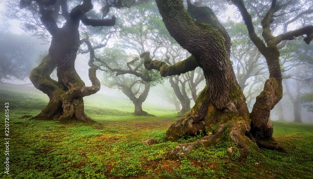 Fototapeta premium misty forest with large twisted trees on green ground