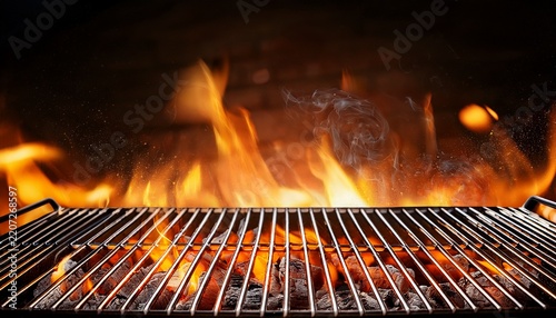 hot barbecue grill grate with glowing coals and sparks empty bbq background