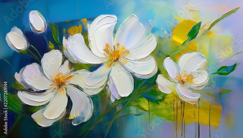 oil and acrylic painting abstract painting white flowers with textures