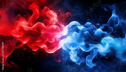 red and blue smoke clouds on black white background with neon glow effect for sport versus concept realistic 3d two color fog for game vs confrontation or police car light design