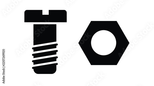 Black metal screw and hexagonal nut vector graphic silhouette icon isolated on a white background