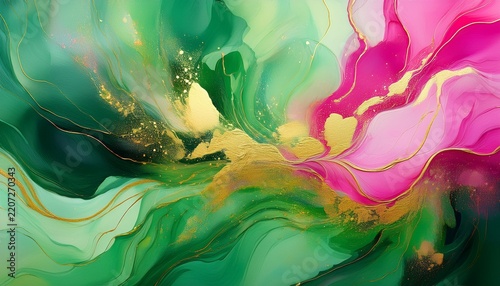 vibrant abstract painting with lush green bold pink and rich gold accents