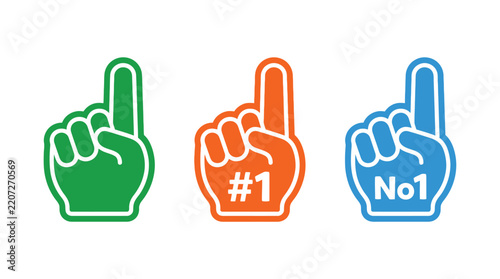 Vibrant foam fingers displaying winning gestures in green orange and blue colors on isolated white background
