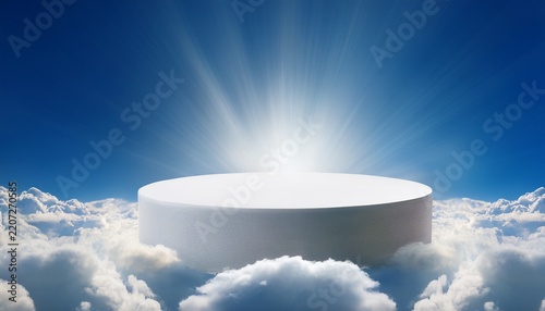 white round podium floating among clouds with sunbeams heavenly product display