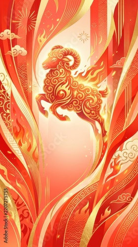 Vertical banner of golden fire sheep for Lunar New Year. Chinese zodiac celebration background