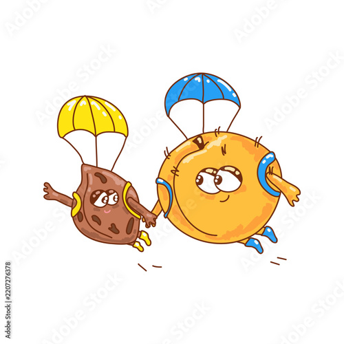 Cute Peach and Peach Pit Flying with Parachutes