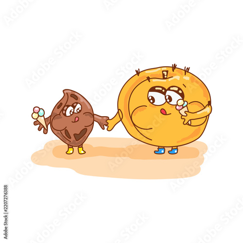 Cute Peach and Peach Pit Eating Ice Cream