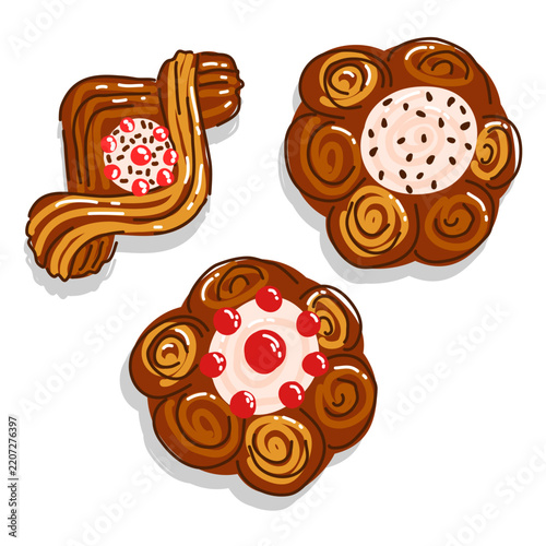 Hand drawn vector set of sweet pastries and cinnamon rolls decorated with cream, berries and chocolate. Colorful bakery desserts isolated on white background.