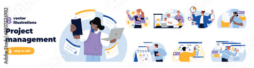 Collection of project management scenes with professionals planning tasks, reviewing schedules, presenting reports, tracking progress, using laptops, charts, calendars and sticky notes in flat vector.