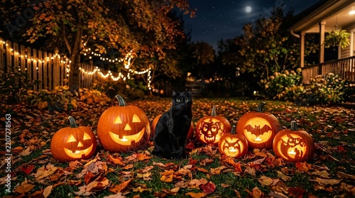 Black cat sitting among carved jack-o-lantern pumpkins in a glowing autumn night garden for Halloween.