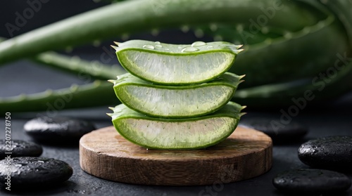 Stacked aloe vera slices with water drops on a wooden board. Natural skincare ingredient for beauty, wellness, and organic cosmetic product promotion.