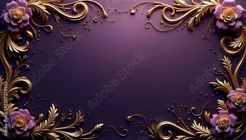 Elegant dark floral border frame with gold and purple luxury metallic rose flower details