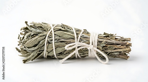 Sage Smudge Stick: A bundle of dried sage leaves, tied with twine, ready for smudging and spiritual cleansing rituals, promoting tranquility and positive energy.