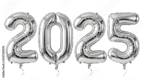 Silver Balloon Numbers 2025: Four shiny silver foil balloons shaped as the numbers 2, 0, 2, and 5, floating together to represent the upcoming year.