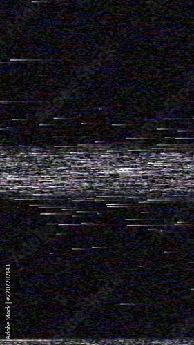 VHS tape damage overlay on black, analog video noise, dropouts, tracking error band and head switching lines, vertical video seamless loop