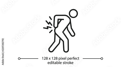 Black line art vector icon depicting human figure experiencing severe lower back pain inside clinic