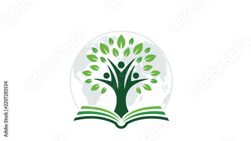 Green tree icon with people figures growing from an open book in minimalist flat design