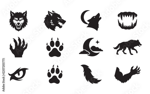 Black werewolf and wolf vector silhouette set with moon and paws perfect for horror design elements.