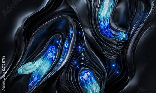 Abstract Dark 3D Wallpaper with Glowing Blue Crystals