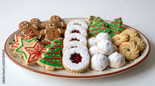 Assortment of festive Christmas cookies on a decorative plate