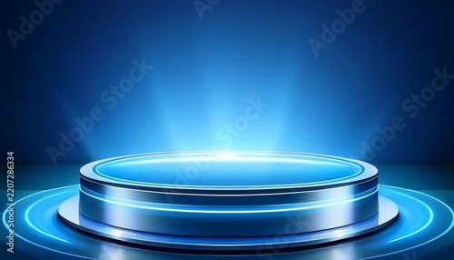 futuristic luxury skincare display with silver glass pedestal and glowing oval light on blue background