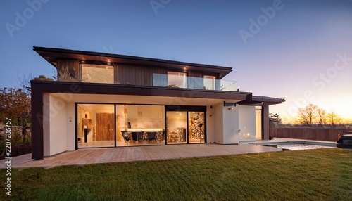 elegant modern house extension with open bi fold doors revealing a cozy interior at dusk perfect for architectural design luxury living and home renovation concepts