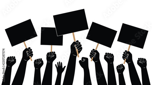 Raised black fists holding blank protest signs featuring unity, strength, activism, and social change