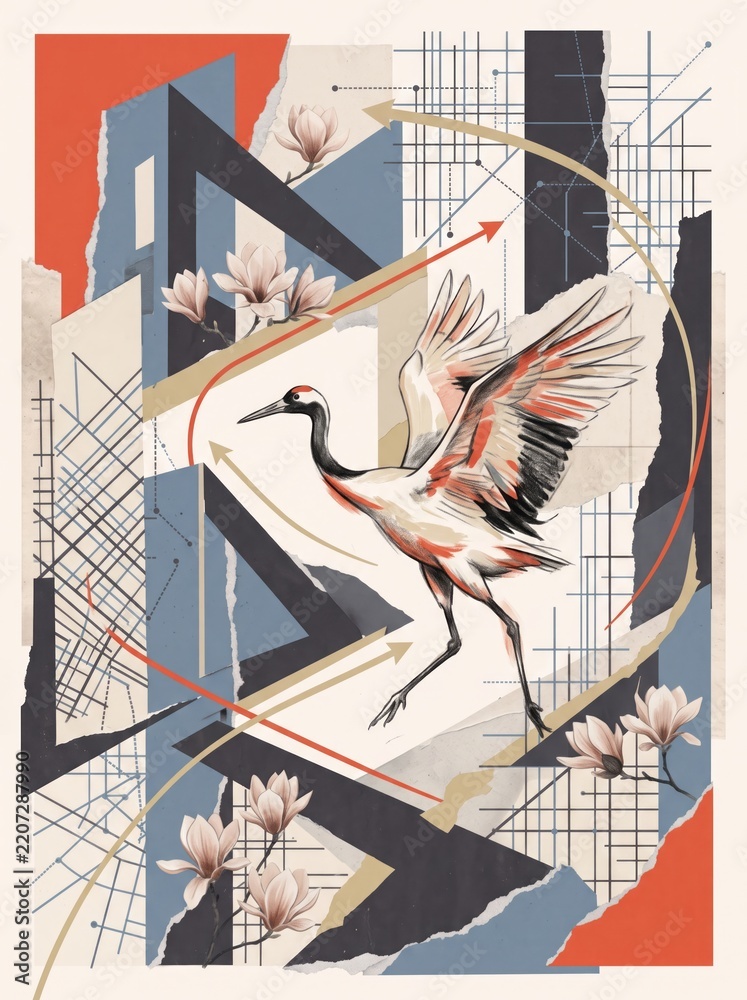 Obraz premium Crane with raised wings among magnolia flowers, geometric paper layers and directional arrows. AI generative 