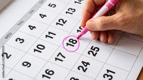 Close up of a hand using a pink marker to circle the eighteenth date on a calendar with marking calendar important date scheduling meeting deadline reminder time management planning appointment