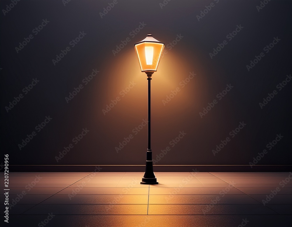 Obraz premium a single minimalist street lamp glowing in the dark simple geometric shapes cinematic flat art
