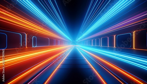 blue and orange neon glowing laser lines futuristic background abstract design