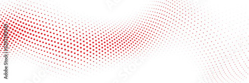 Red halftone dot wave background with flowing circular particles, ideal for advertising banners, sports posters, website headers, music artwork, social media graphics and modern branding