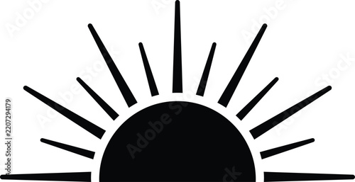 Rising sun silhouette vector. Sunburst vector icon