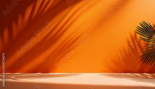 blurred shadow from palm leaves on the orange wall minimal abstract background for product presentation spring and summer