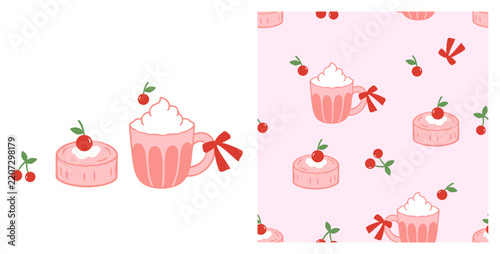 Cute seamless cherry dessert pattern featuring red cherries, pink cream cake, whipped cream drink cups and ribbon bows on a soft pastel pink background in playful flat vector. 