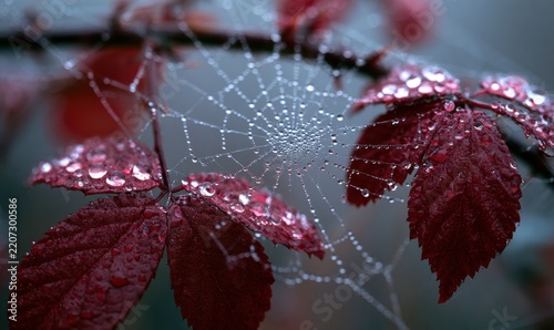 Red leafed branch with dew covered spider web
