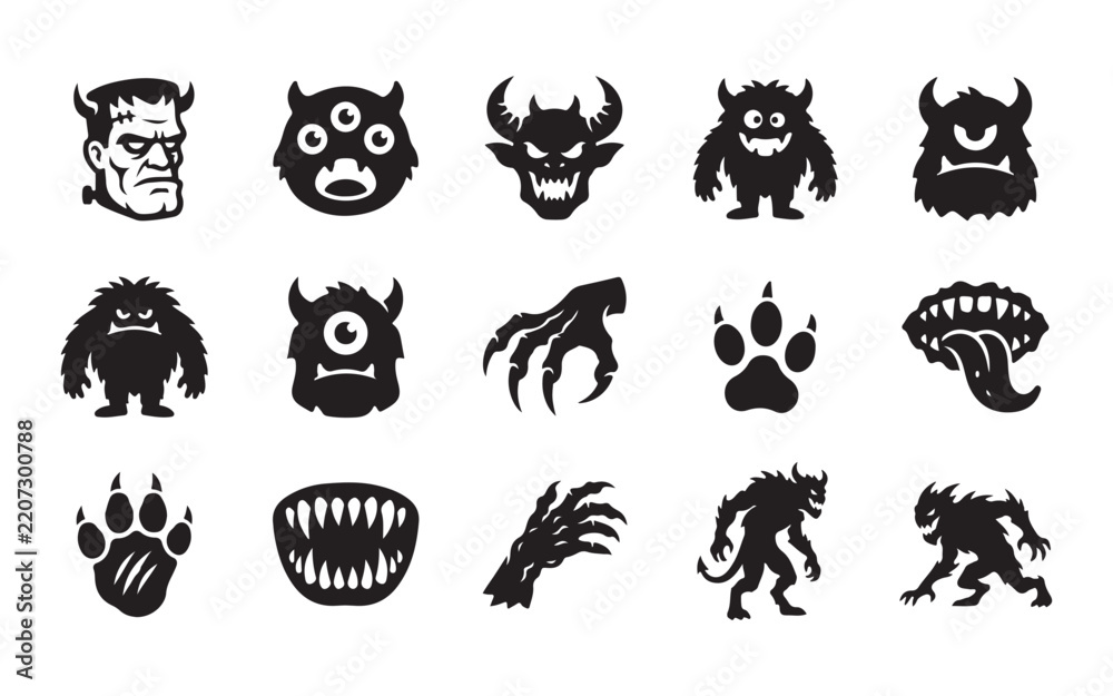 Fototapeta premium Monsters and creature icons for Halloween party invitations and scary game.