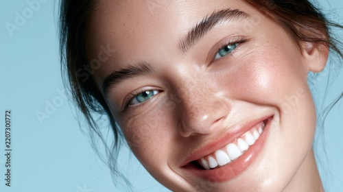 Young woman with flawless glowing skin and bright blue eyes smiling joyfully against a soft pastel blue background in a beauty portrait photograph