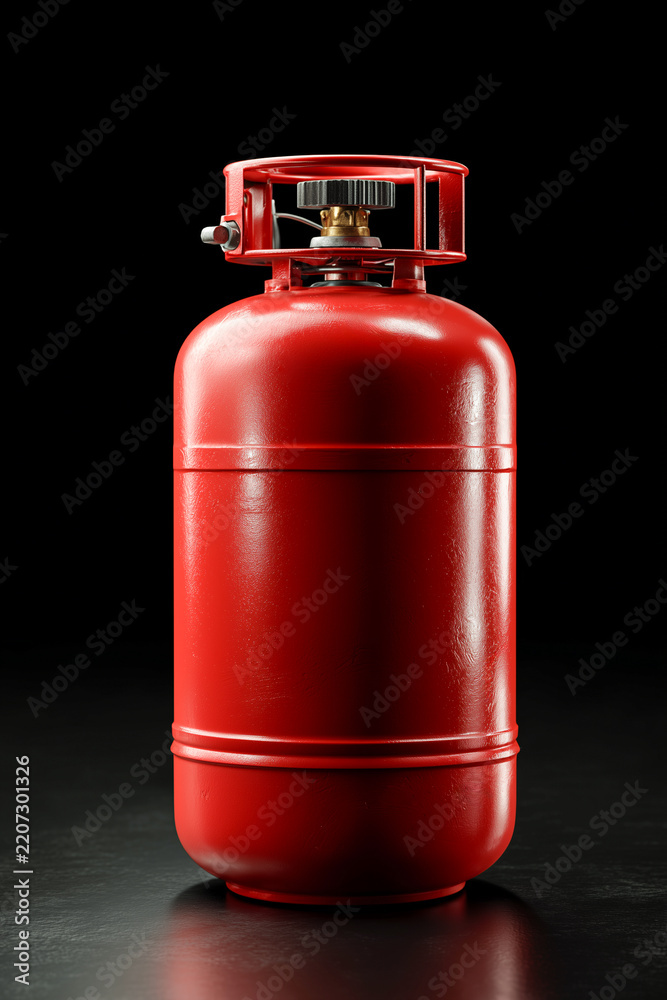 Obraz premium Red gas cylinder tank with valve isolated on a dark glossy studio background propane butane fuel container industrial power and domestic heating energy concept