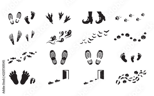 Halloween footprints and tracks for spooky creatures and monster game paths.