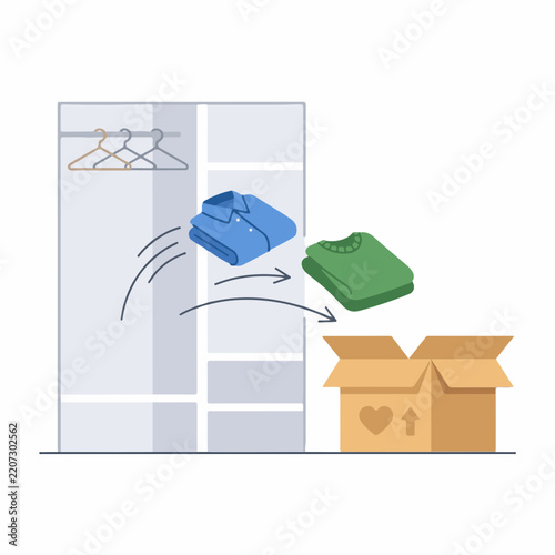 Clothing donation and closet declutter concept. Folding clothes into box. Vector illustration