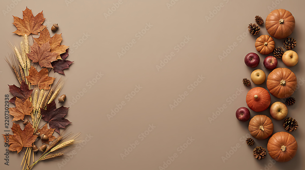 Fototapeta premium Vertical arrangement of autumn elements including pumpkins, apples, leaves, pinecones, and wheat, suitable for seasonal advertisements and decor.