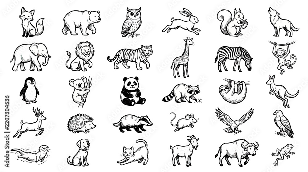Obraz premium Collection of Hand-Drawn Forest and Wild Animals