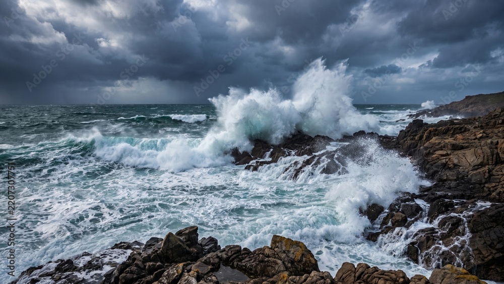 Fototapeta premium Powerful ocean waves crashing against rocky coastline under stormy dark sky