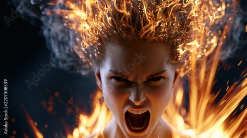 Intense portrait of a person with fiery hair and glowing sparks, expressing strong emotions with an open-mouthed scream against a dark background