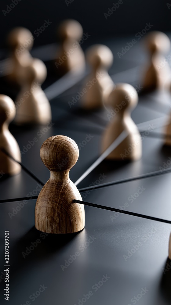 Obraz premium Wooden figurines connected by fine strings representing networking, communication, and social connections on a dark surface in concept of teamwork